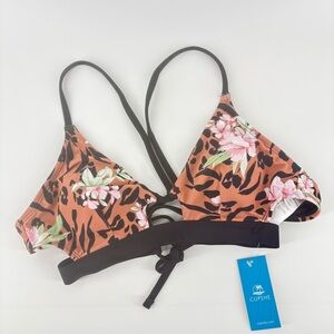 Cupshe sz Medium Brown Floral Strappy Back Padded  Bikini Top New